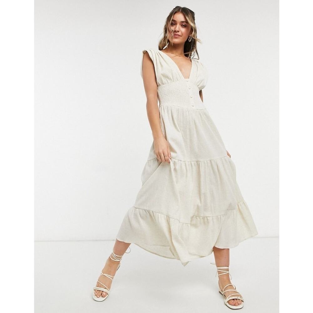 Asos Design Shirred Waist Button Front Tiered Mid… - image 1